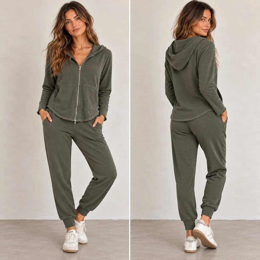 ATM Anthony Thomas Melillo Army Green-Gray Soft Fleece Jogger Hoodie Set SMALL